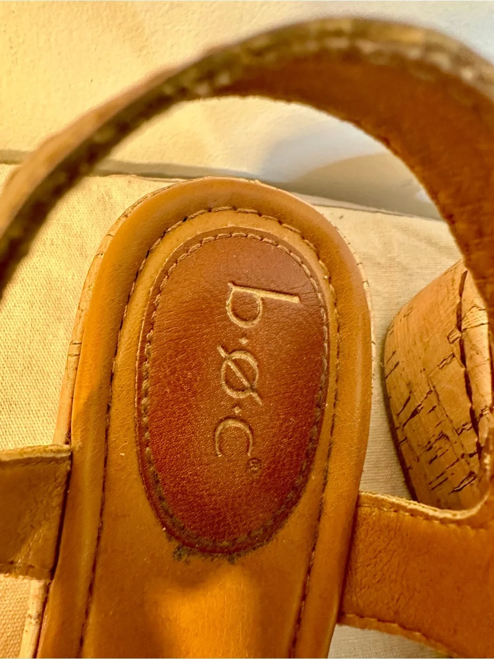b.o.c. Tan Brown Leather Wedge Sandals with Ankle Strap